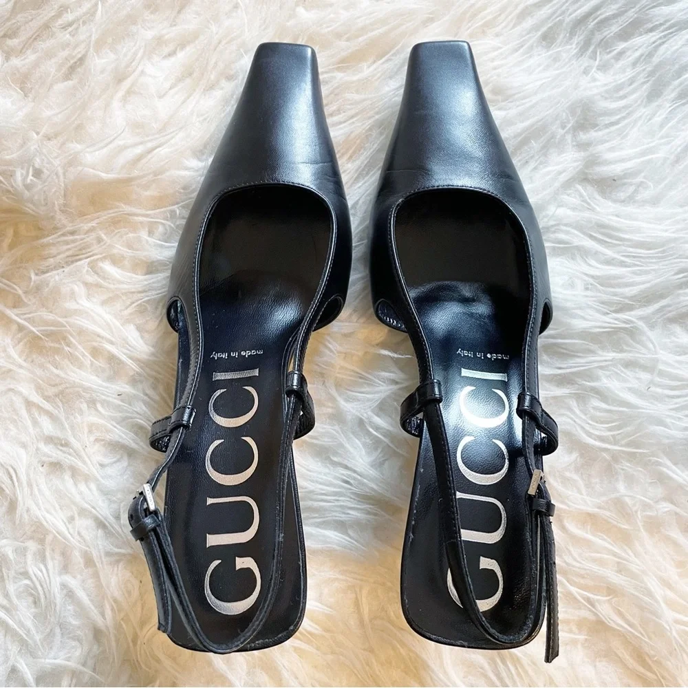 Gucci Black Leather Slingback Pump Square Toe size 38.5 - Picture 6 of 11